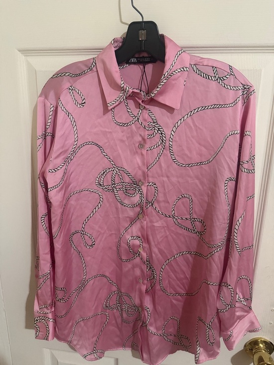 Zara Tops - Zara Pink Rope-Print Long-Sleeve Button-Down Shirt
